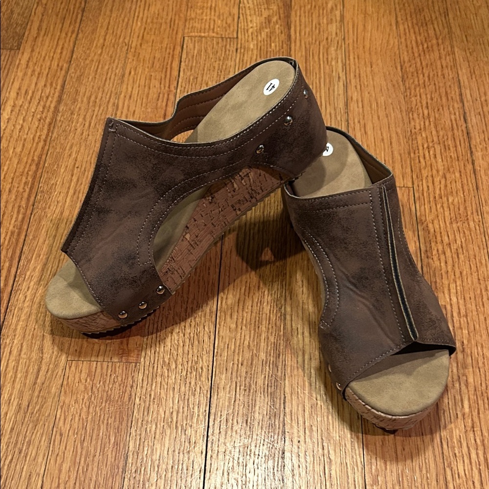 Brown Peep-Toe Suede Wedge Sandals Size 41